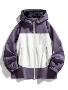 Men's Colorblock Hooded Jacket With Multiple Zipper Pockets, Casual Outdoor Style For Spring And Autumn, Suitable For Daily Wear And Commuting - Purple - View 2