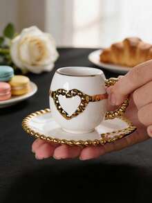 European Luxury White Ceramic Espresso Cup & Saucer Set, 100ml Small Capacity Gold Bead Handle Hollow Heart Design Mini Italian Coffee Cup, Elegant Afternoon Tea Tableware, Gift Choice For Women - Multicolor - View 6