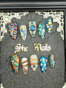 DIY 10pcs Full Coverage Almond Shaped Fake Nails, Rusty Rose Color, 3D Star Crystal Rhinestone Decor, Removable & Reusable, Y2K Vintage Cool Style, Suitable For Party And Daily Wear, With Jelly Glue And Nail File - Multicolor - View 1