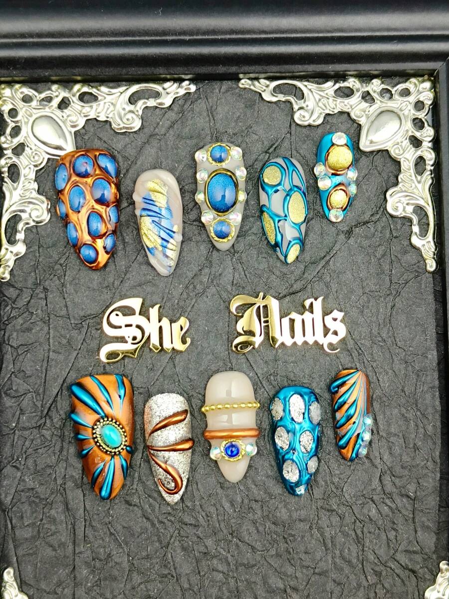 DIY 10pcs Full Coverage Almond Shaped Fake Nails, Rusty Rose Color, 3D Star Crystal Rhinestone Decor, Removable & Reusable, Y2K Vintage Cool Style, Suitable For Party And Daily Wear, With Jelly Glue And Nail File - Multicolor - View 1