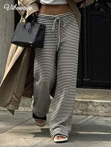 VIBEWAVE Women's Y2K Retro Striped Knit Wide Leg Pants, Loose Drawstring Waist Casual Long Pants, Suitable For Back To School Season Daily Wear - Black and White - View 5