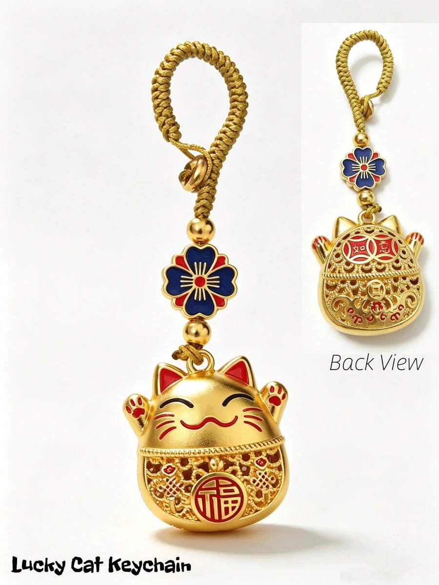 1pc Woven Hollow Lucky Cat Keychain, Chinese Style Peace Pendant, Suitable For Bags And Cars, Vintage Bohemian Style Accessory, Perfect For Women's Holiday, Anniversary And Thanksgiving Gifts - Multicolor - View 1
