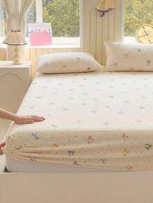 3-Piece Colorful Bow & Small Heart Print Fitted Sheet Set, Soft Skin-Friendly Bedding Set With Pillowcases - Multicolor - View 7