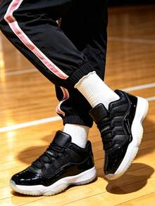 Back To School Essential Low Top Basketball Sneakers, Black Glossy Leather And White Sole Casual Sport Shoes With Clear Outsole, Easy To Clean Breathable Summer Trainers, Stylish Couple Athletic Footwear - 黑色 - 查看 4
