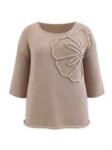 Pullover Wanita Ukuran Besar dengan Detail Mawar 3D, Leher Bulat, Bahu Longgar, Sweater Rajut Musim Gugur - Unta - View 3
