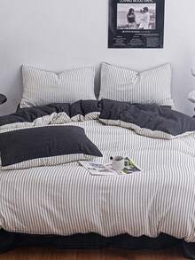 Minimalist Bedding Set (1*Duvet Cover+1*Bed Sheet+1/2*Pillowcase, No Filling) Black And White Line Pattern, Black And White Striped Print, 100% Polyester, Perfect For Home Bedroom Hotel Decoration, Suitable For All Seasons - Black and White - View 1