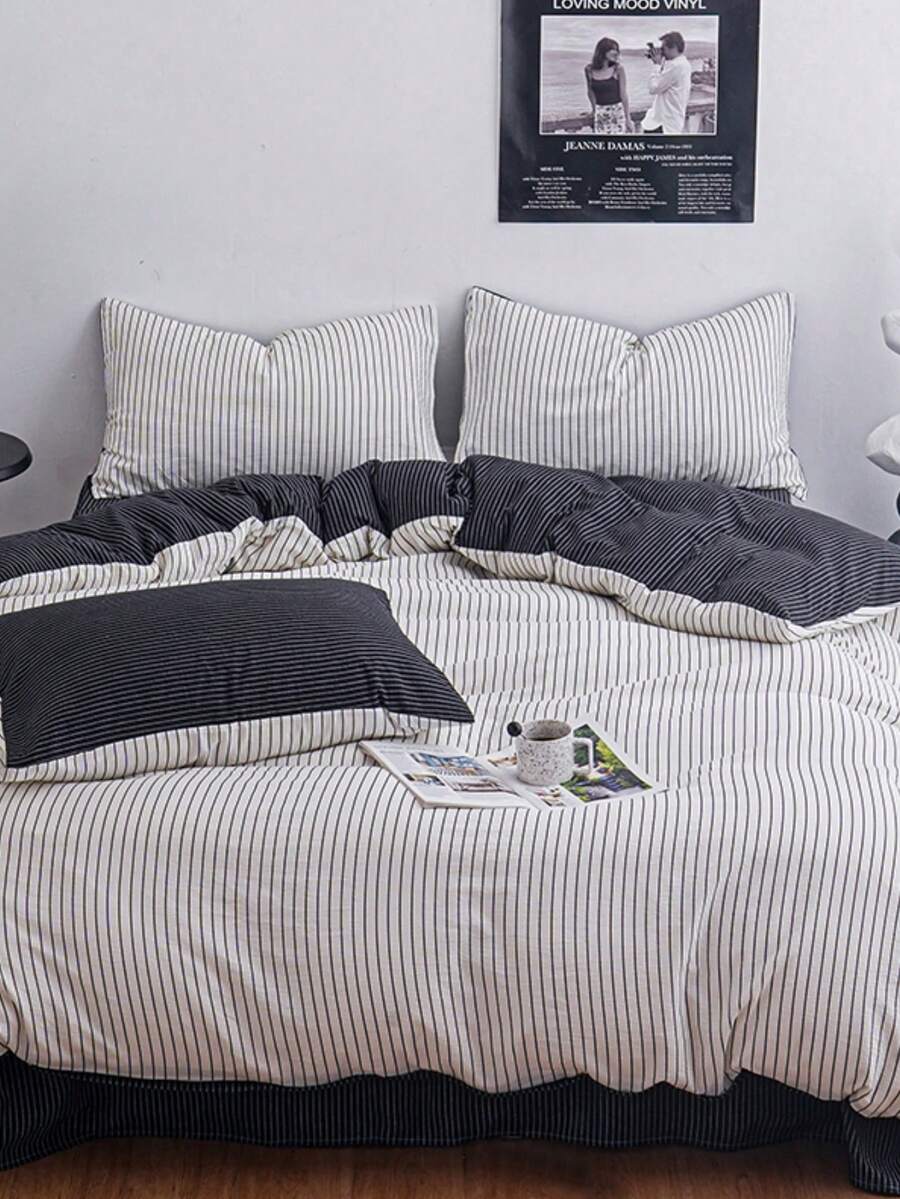 Minimalist Bedding Set (1*Duvet Cover+1*Bed Sheet+1/2*Pillowcase, No Filling) Black And White Line Pattern, Black And White Striped Print, 100% Polyester, Perfect For Home Bedroom Hotel Decoration, Suitable For All Seasons - Black and White - View 1