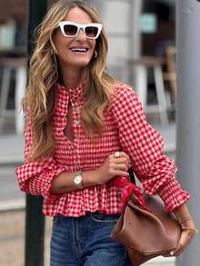 Women's Casual Vintage Streetwear Daily Ruffle Plaid Shirt, Spring/Autumn Blouse - Red - View 2