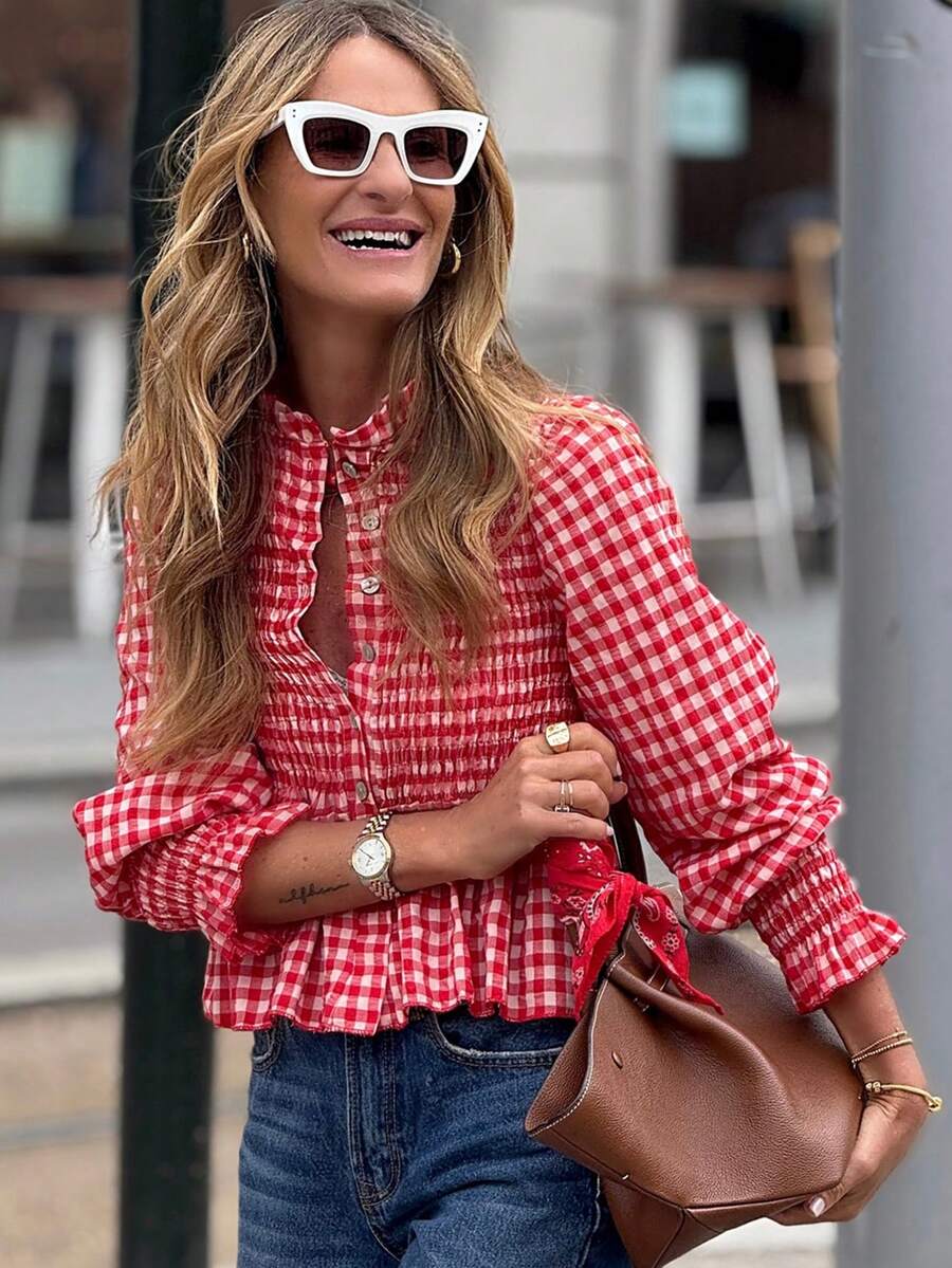 Women's Casual Vintage Streetwear Daily Ruffle Plaid Shirt, Spring/Autumn Blouse