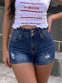 Women's Casual Distressed Denim Shorts With Pockets And Button Decor, Slightly Stretchy Straight Leg Fit, Suitable For Summer Wear - Dark Wash - View 6