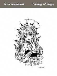 Semi-Permanent Dark Sweet Cool Girl Pattern Tattoo Sticker, Party Holiday DIY Gift, 1-2 Weeks No Fading, Non-Reflective, Arm Chest Leg Temporary Waterproof Tattoo Sticker, 1pc/Pack - Blue - View 8