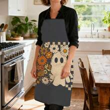 1pc Halloween Daisy Ghost Print Apron, Featuring Checkerboard Daisy Ghost Pattern, Durable Cooking Apron Suitable For Bakers, Cake Decorators, BBQ Enthusiasts, Gardeners, Painters, Nail Artists - Perfect Gift For Home And Professional Chefs - Multicolor - View 7