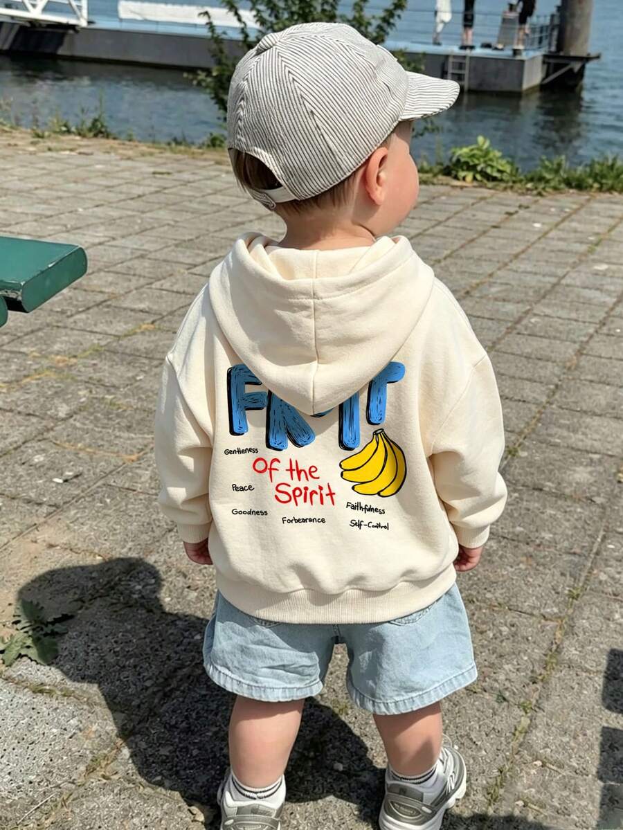 Boys Banana & FRUIT Letter Back Print Hoodie, Casual Loose Pullover - Apricot - View 1