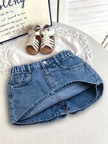 Young Girl 2-8 Years Cute & Simple Denim Hip-Covering Skort, Semi-Elastic Waist With Adjustable Drawstring, Classic Minimalist Style, Loose Fit, Suitable For All Seasons, Acid Wash Denim Skirt Shorts - Medium Wash - View 11