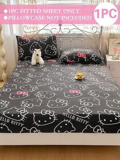 SANRIO 1件可愛卡通印花包床單，Cinnamoroll/Hello Kitty床上用品，床墊保護套，床罩，包床單，舒適家用紡織品，透氣防起球床墊保護套，家居裝飾，適用於所有床尺寸－雙人床、全尺寸、大床、特大床，四季通用，防塵床罩，可機洗