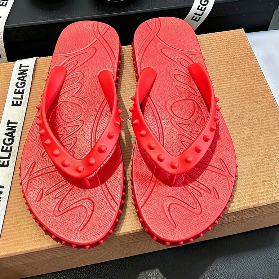 CL"Classic Retro 3D Riveted Red-Bottom Flip-Flops, Couple Beach Flat Toe Sandals, Casual Slip-Resistant Comfortable Flip-Flops - 紅色雙釘 - 查看 1