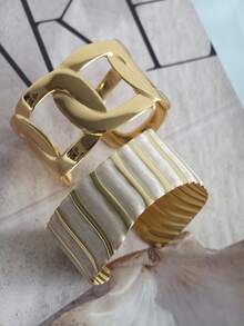 Women 2Pcs Stackable Bracelets Sets High Street Fashion Wide Ribbon Shape Stainless Steel Cuff Bangle Chunky Open Cuff Adjustable Wrist Jewelry Hot - Gold - View 8