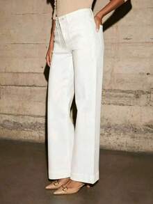 Plus Size White High Waist Wide Leg Jeans, Autumn Back To School, Birthday - Blue - View 5
