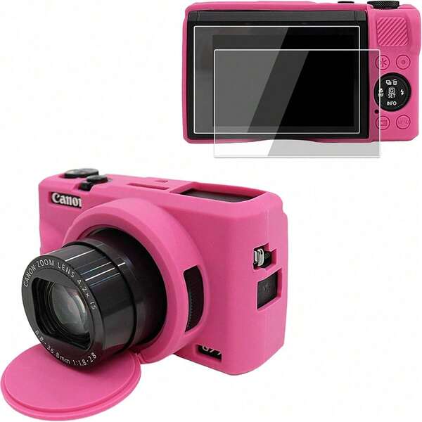 Set Pelindung Layar dan Casing Silikon, Kompatibel dengan Kamera Digital Canon G7X III - Casing Silikon dengan Tutup Lensa yang Dapat Dilepas - Anti Selip dan Tahan Gores, Tersedia Berbagai Pilihan, Kaca Tempered 9H - Transparan Definisi Tinggi dan Sensitif Sentuhan