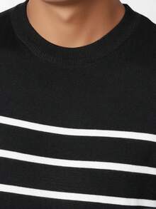 Men's Striped Crew Neck Long Sleeve T-Shirt, Vintage Collegiate Style Casual Pullover - Black - View 5