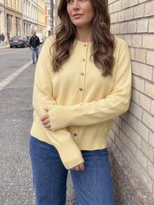 GIGOGOU Plus Size 1XL-4XL Spring/Autumn Basic Round Neck Women's Knit Cardigan, Soft Casual Long Sleeve Top Outerwear, Suitable For Layering Yellow Fall - Yellow - View 6