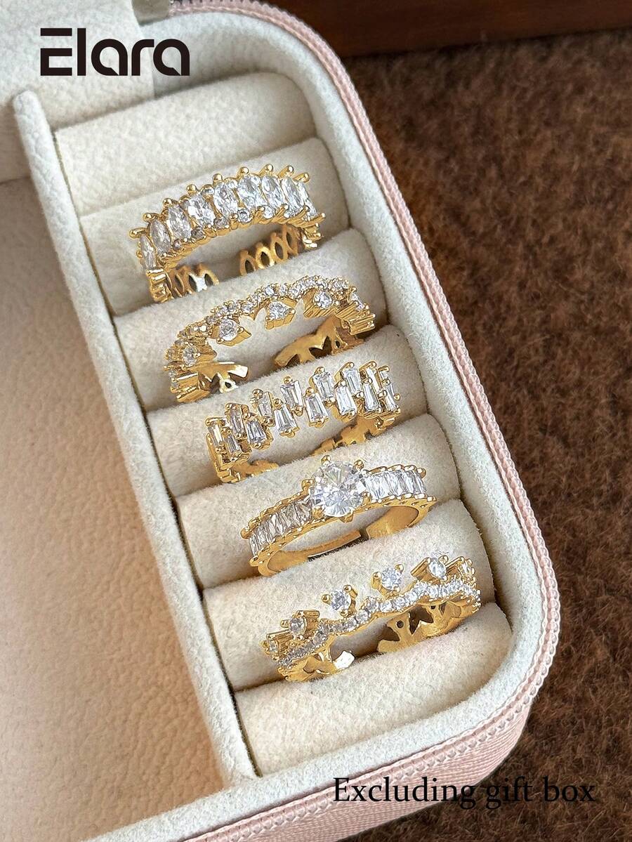 5pcs Fashionable Elegant Cubic Zirconia Geometric Copper Ring Set Suitable For Women Wedding Party Wear (Gift Box Not Included) - Yellow Gold - View 1