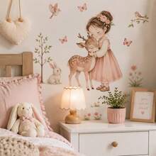 Cute Girl Deer Pattern Nursery Wall Decal, Forest Animal Wall Sticker, Little Girl Hugging Deer Wall Decor, Rabbit Butterfly Floral Tree Wall Art, Children's Bedroom Decoration, Removable Adhesive Sticker - Girl and Fawn - View 5