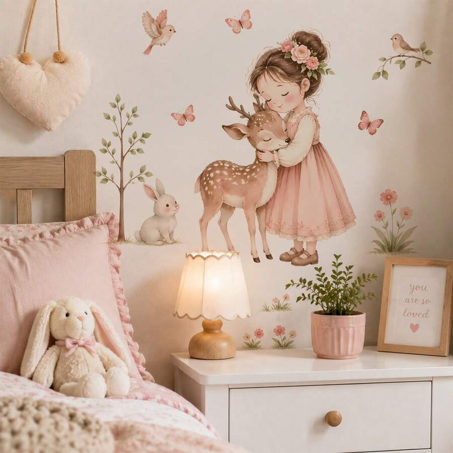 Cute Girl Deer Pattern Nursery Wall Decal, Forest Animal Wall Sticker, Little Girl Hugging Deer Wall Decor, Rabbit Butterfly Floral Tree Wall Art, Children's Bedroom Decoration, Removable Adhesive Sticker - Girl and Fawn - View 1