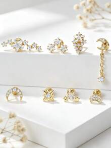8pcs Fashion Minimalist Star & Moon Cubic Zirconia Stud Earrings Set For Women, Suitable For Outdoor Travel, Daily Street Wear, Hot Girl Style And Other Occasions - 8 Pieces - View 2