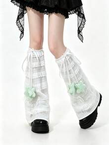 Japanese Style Summer Sweet Hot Girl Bow Flared White Thin Lace Ruffle Leg Warmers - White - View 6