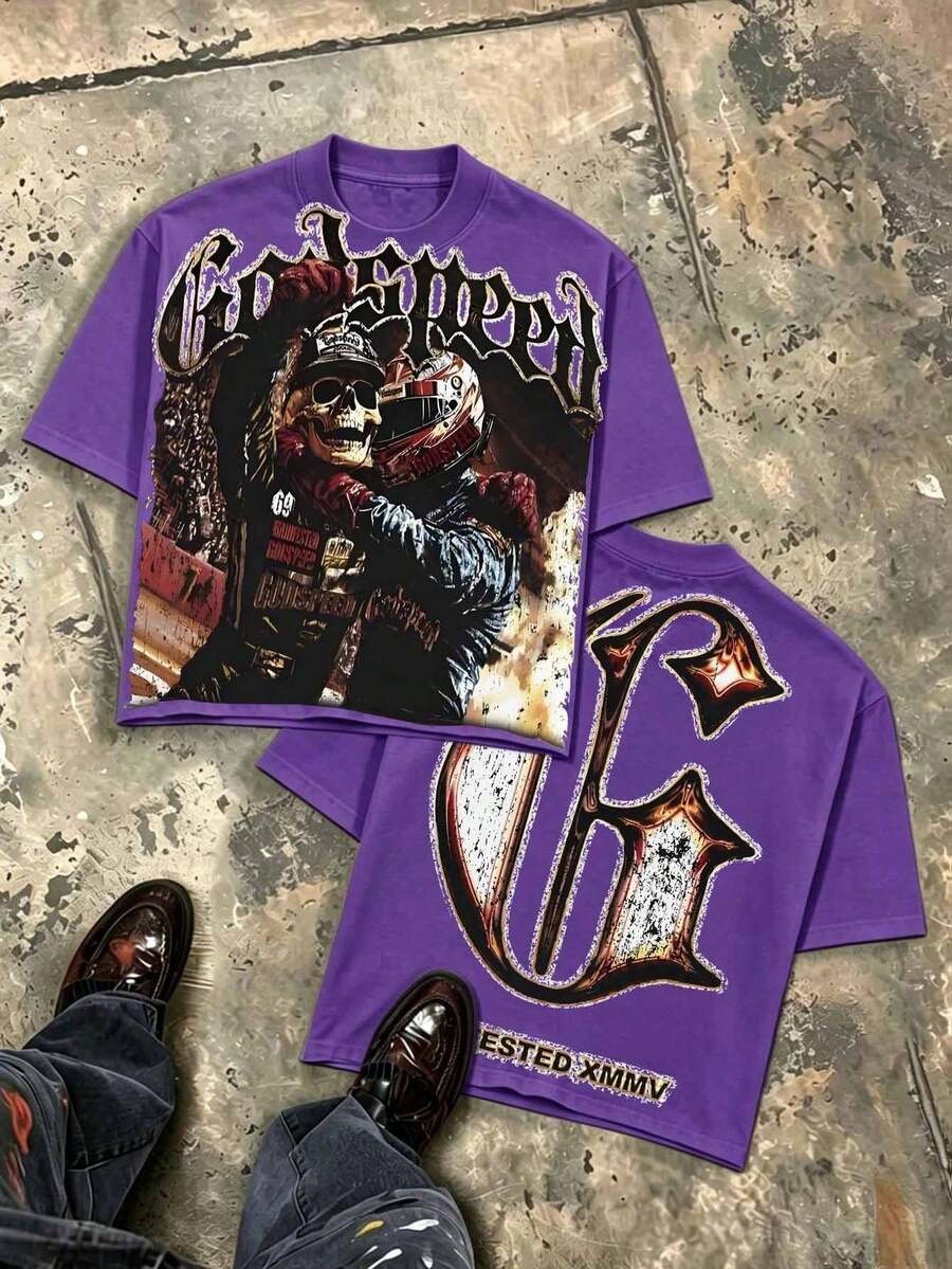 Camiseta Gráfica de Calavera de Motociclista para Hombre, Estilo Oversize, Streetwear con Llamas, Vintage Racing, Estética Rebelde Oscura - Morado - Ver 1