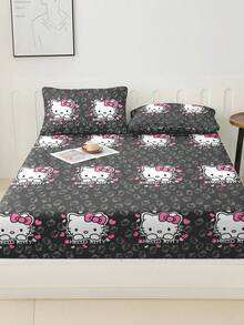 Sanrio 2/3件組 Hello Kitty 床上用品套裝，可愛卡通印花床單套組，床墊保護墊、床罩、床單，舒適家居紡織品，透氣防起球床墊保護墊，家居裝飾，適用於所有床尺寸－單人床、雙人床、加大床、特大床，四季通用，防塵床罩，可機洗 - 黑色愛心KT - 查看 9