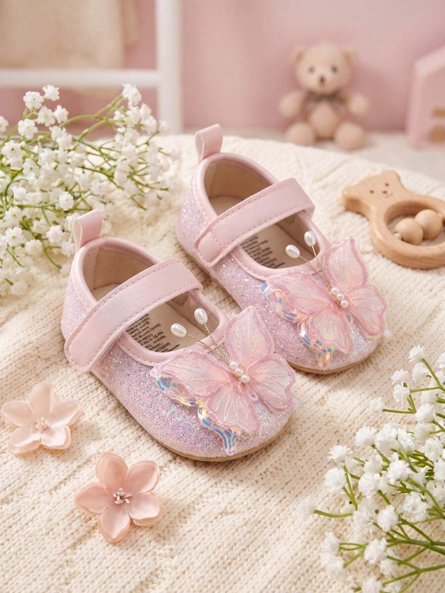 1 Pair Girls 3D Butterfly PU Hook & Loop Design 0-15 Months Sweet Elegant Infant Walking Shoes Flat Non-Slip Breathable Walking Shoes Suitable For Spring And Autumn - Pink - View 1