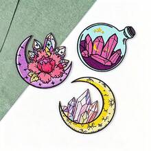 3件組水晶月亮花朵燙貼刺繡貼片，魔法瓶粉色水晶星星貼花徽章，適用夾克、背包、衣物DIY徽章 - 多色 - 查看 2