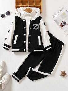 Tween Boys Contrast Color Star Print Hoodie And Sweatpants - Black - View 2