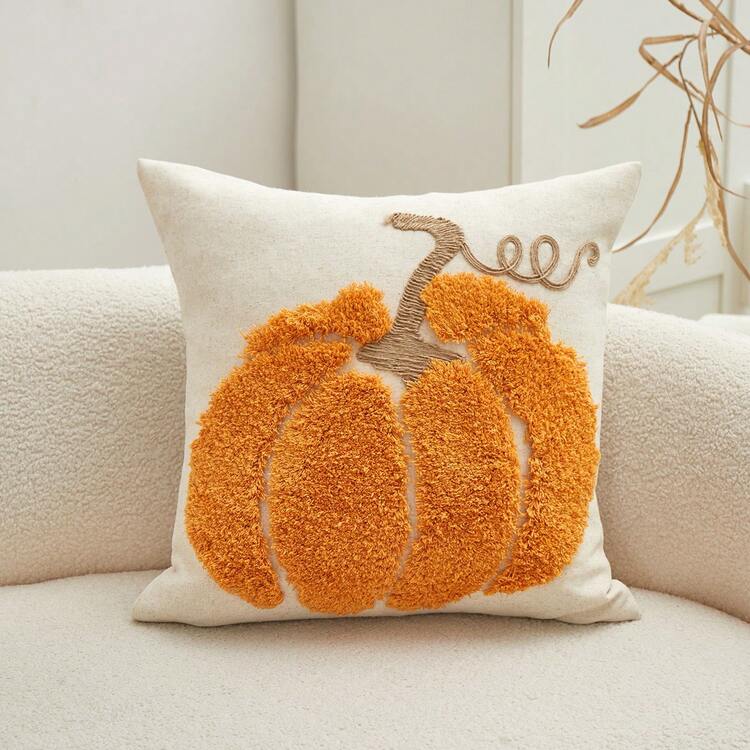 1pc Thanksgiving Orange Pumpkin Embroidered Pillowcase, Suitable For Indoor Decoration, Thanksgiving Decor, All-Season Pillowcase, Without Insert - Orange - View 7