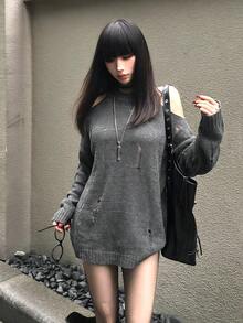 Sweater Rajut Wanita Korea Y2K Musim Gugur/Dingin Minimalis Seksi Satu Bahu Hollow Out Distressed Off Shoulder Manis Lucu Longgar Melangsingkan Pelindung Matahari Kardigan Wanita - Grey - View 3