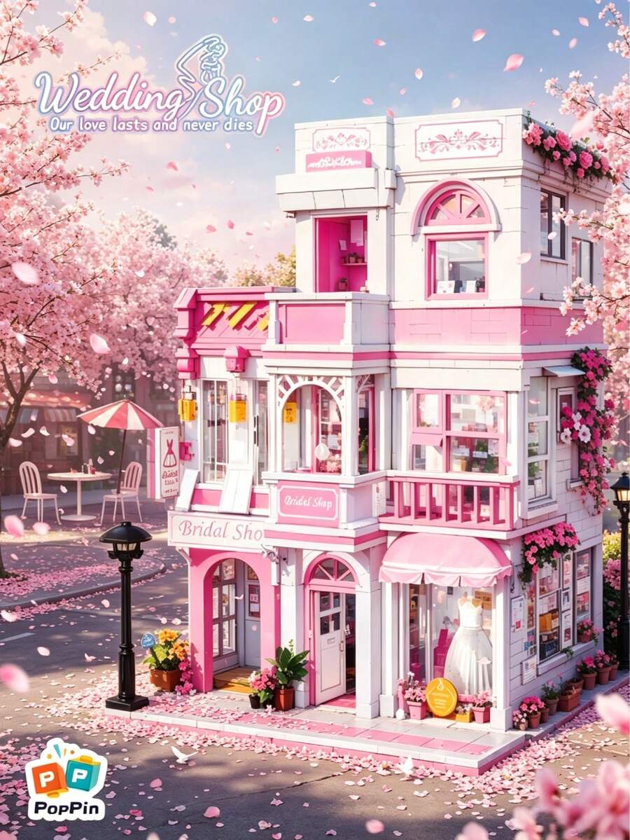 1004片粉色3層婚紗店街景積木，成人浪漫歐式婚紗店積木組裝套裝，甜美粉色玫瑰主題牆飾裝飾畫，女孩臥室梳妝台裝飾
