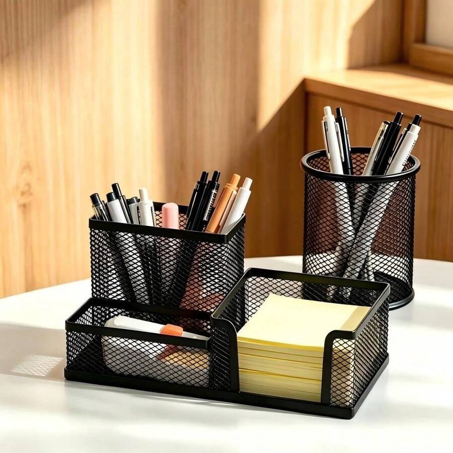 Desktop Storage Basket, 3-Compartment Pen Holder, Multi-Functional Metal Mesh, Office Stationery, Black 3-Tier Divided Organizer Box And Pen Holder, Space-Saving, Can Be Used As Desktop Display Rack, Suitable For Living Room, Office And Study - Rectangle - View 1