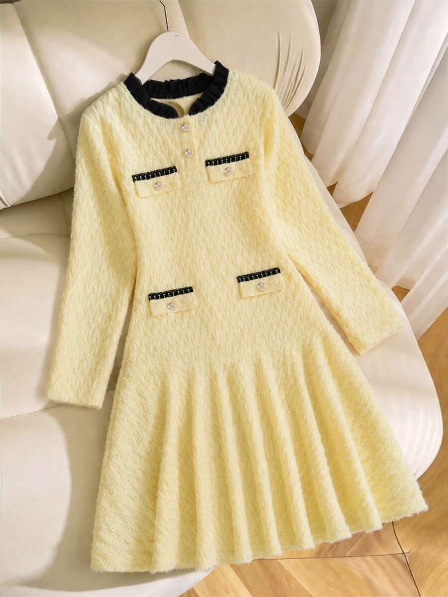 Autumn/Winter Girls' Fashion Elegant Color Block Long Sleeve Dress, Suitable For Daily Wear And Gatherings - Yellow - View 1