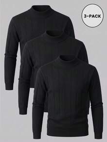 3pcs Men's Mercerized Striped Slim Fit Regular Shoulder Mock Neck Long Sleeve Sweater - Black - View 1