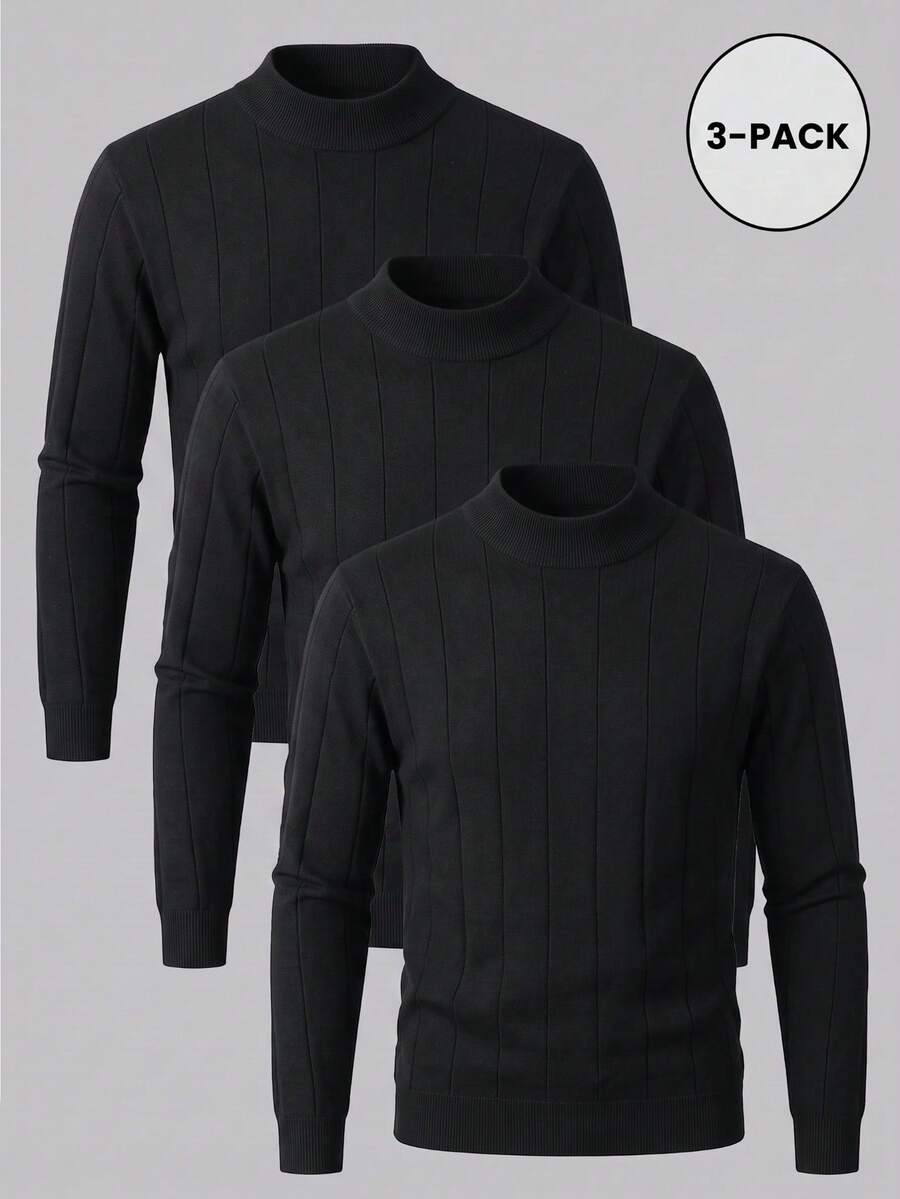 3pcs Men's Mercerized Striped Slim Fit Regular Shoulder Mock Neck Long Sleeve Sweater - Black - View 1