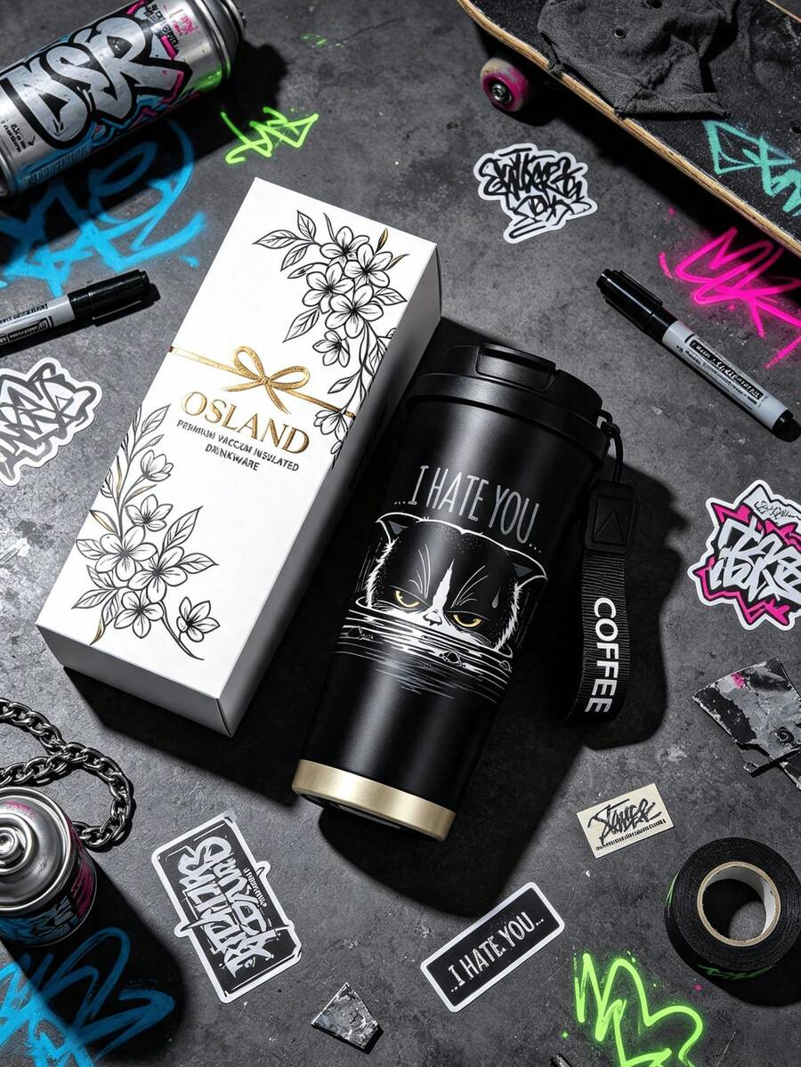 1個/5個 500ml 黑色暴躁貓旅行杯,雙層不鏽鋼保溫杯,憤怒貓文字圖案印花設計,附印有 COFFEE 字樣掛繩的便攜咖啡杯,適合日常通勤 - 黑色-討厭你 - 查看 1