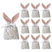 10pcs Easter Bunny Gift Bags Rabbit Ears Velvet Pouches Candy Cookies Easter Egg Packaging Bag Easter Party Decorations - Green 10pcs - View 2