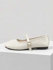女款流行時尚簡約純色優雅一腳蹬圓頭可調節扣帶平底米色瑪麗珍鞋 - 米色 - 查看 4