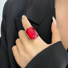 1件時尚小眾設計誇張水鑽寶石開口戒指，奢華高端復古方形手指戒指 - 銀色 - 查看 4