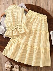 Left Mama Girls' Elegant Bow Decor Striped Sleeveless Top And Skirt Set, Suitable For Commute And School Style - Yellow - View 2