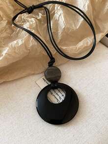 1pc Vintage Black Leather Cord Long Round Pendant Necklace, Suitable For Women's Daily Wear, Beach Vacation Accessory, Autumn/Winter Accessory, Holiday Gift - Black Geometric Long Necklace - View 4