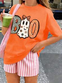 [Halloween] Tween Girl Print Pullover Short-Sleeve Cotton T-Shirt, Student And Young Children's Clothing, Summer Outfit Tops For Kids - Orange - View 4