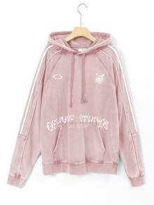 Damset med 2 delar: lös raglanrandig hoodie sweatshirt och draperade vida mjukisbyxor, höst - Rosa - Visa 6